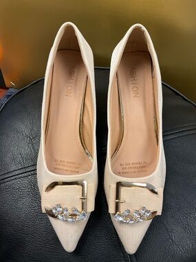 Fashion Forms Beige Pointed Toe Heels with Crystal Buckle